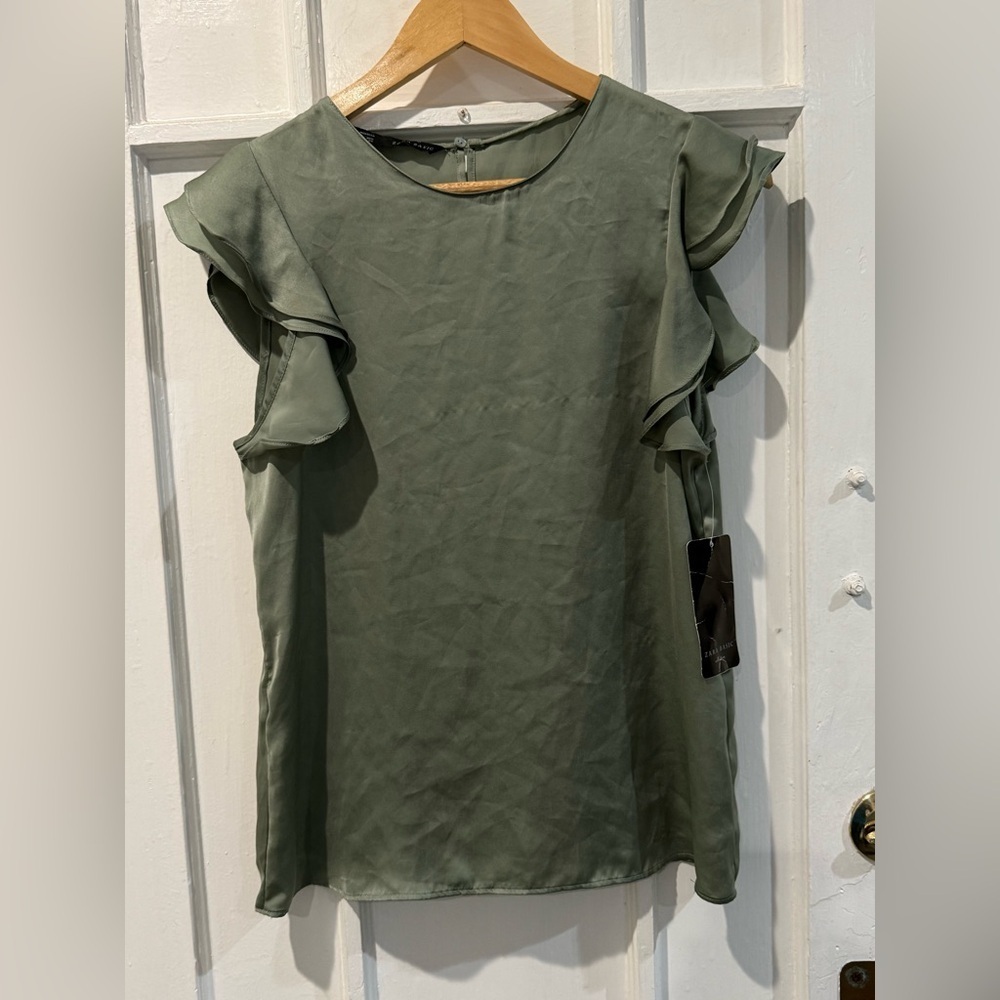 Zara Olive Ruffle Sleeve Blouse